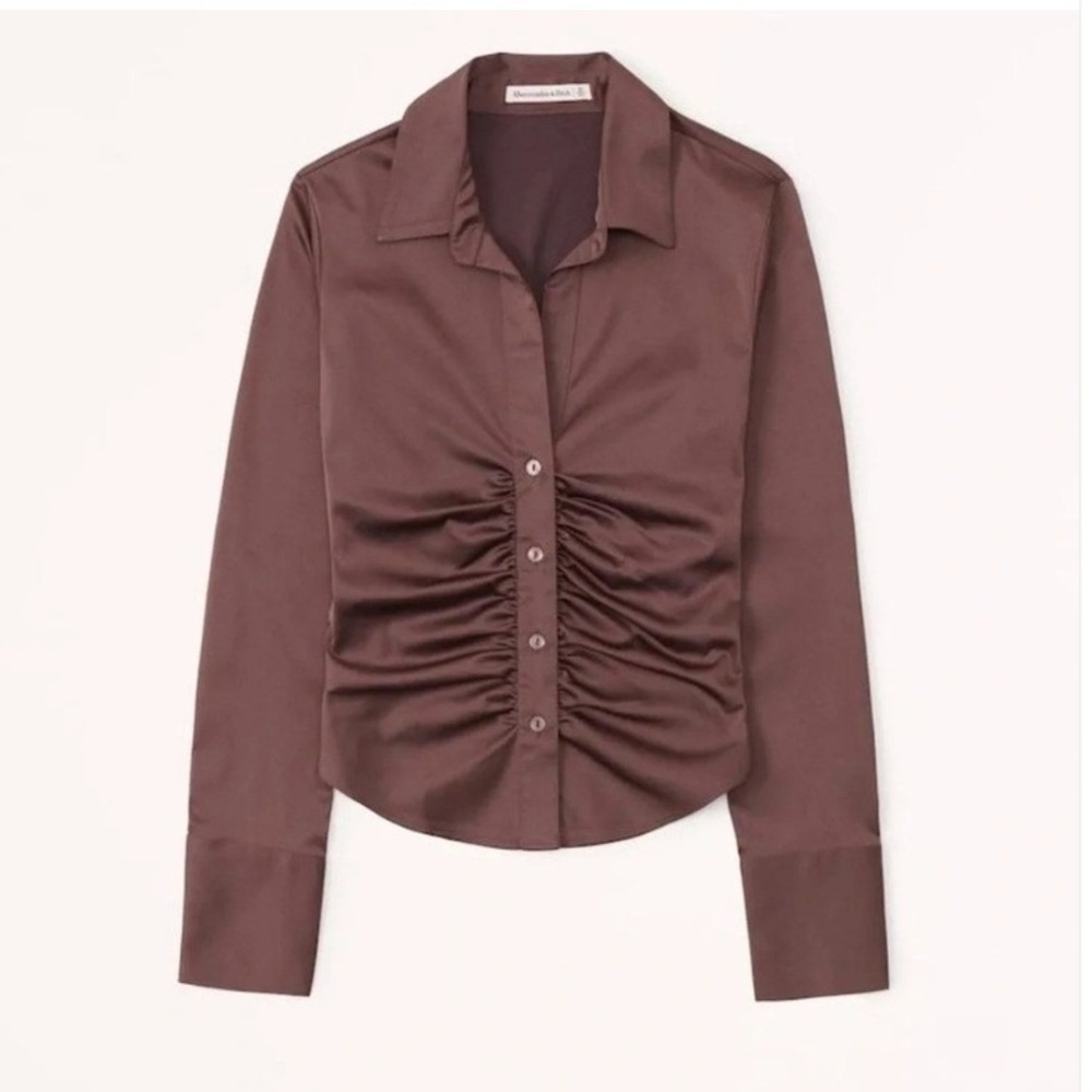 Abercrombie & Fitch Women's Size Small Long-Sleeve Satin Ruched Button Up Shirt